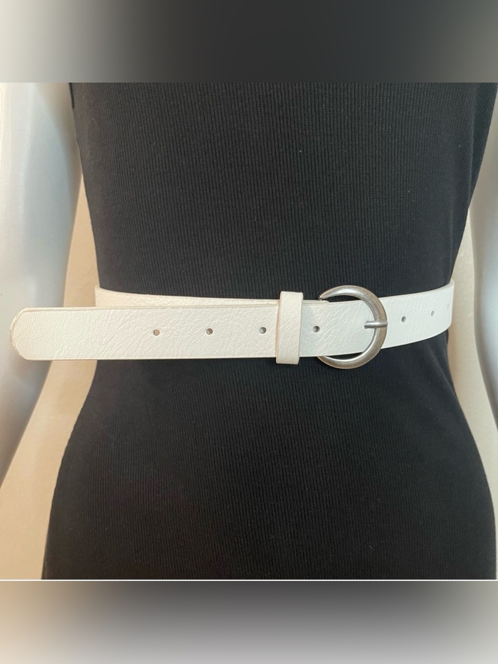 White distressed PU leather skinny belt